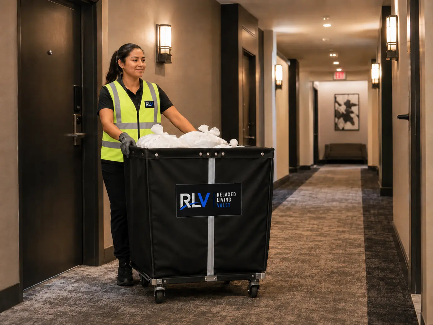 Relaxed Living Valet team member moving a collection cart through an apartment hallway
